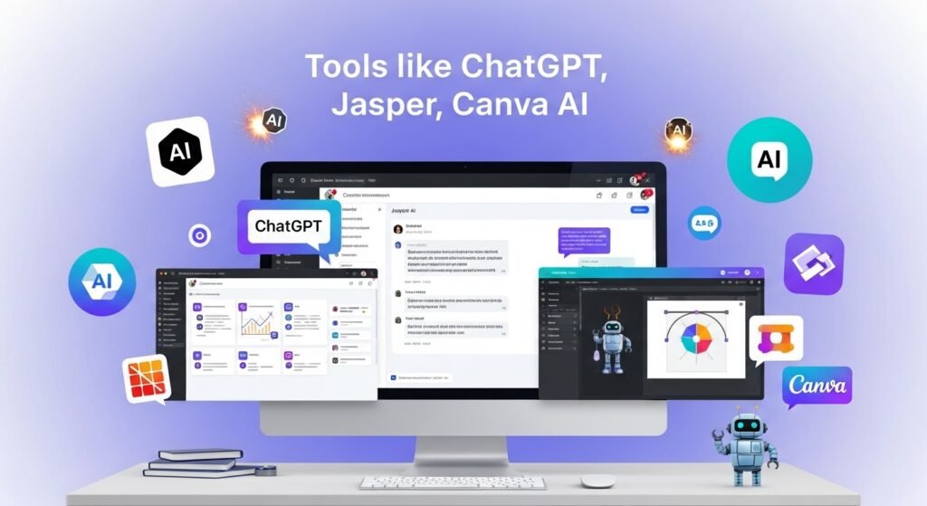 • Tools like ChatGPT, Jasper, Canva AI